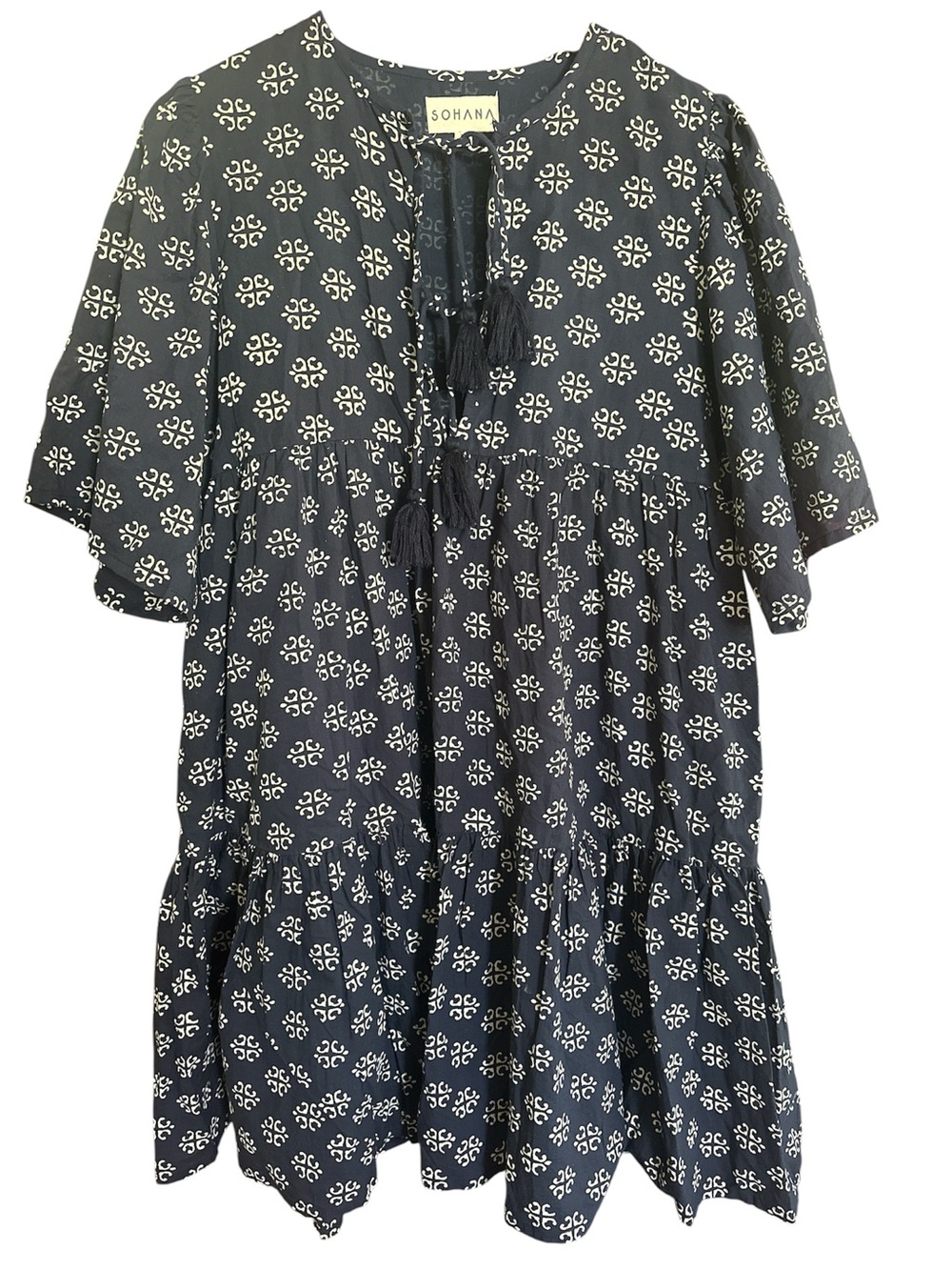 Sohana Navy & White Printed Tassel Tie‎ Tiered Tunic Dress
